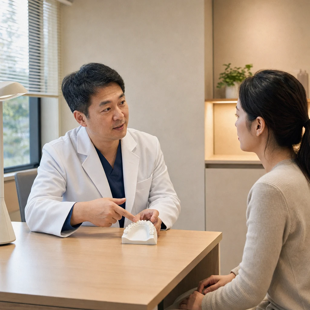 치과의사가 치아 모델로 라미네이트 시술을 설명하는 상담 장면