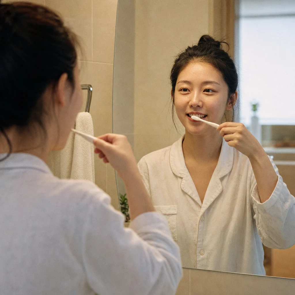 욕실 거울 앞에서 앞니를 양치하는 여성