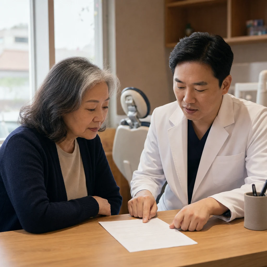 60대 여성 환자와 의사가 상담 책상에서 임플란트 비용 견적서를 함께 확인하는 모습