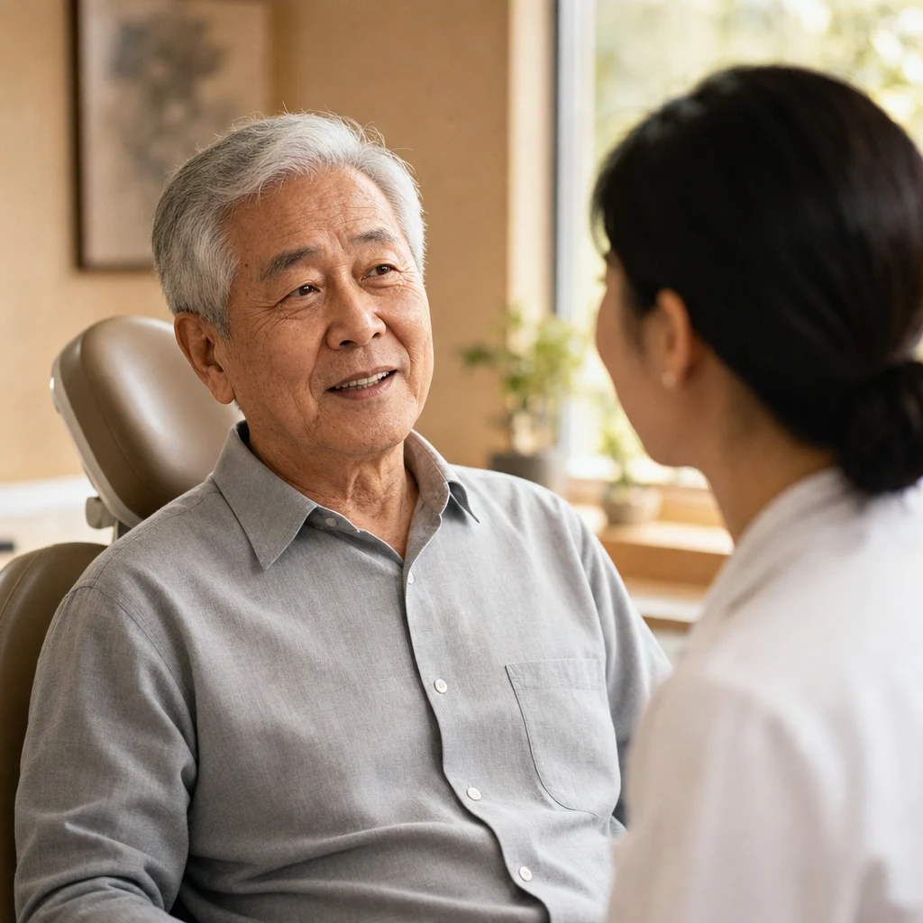 70대 남성 환자가 치과 진료실에서 여의사와 편안하게 상담하는 장면