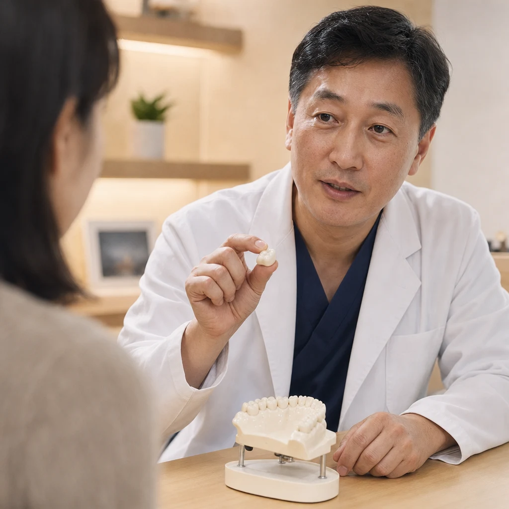 지르코니아 크라운과 치아 모형으로 설명하는 치과 의사