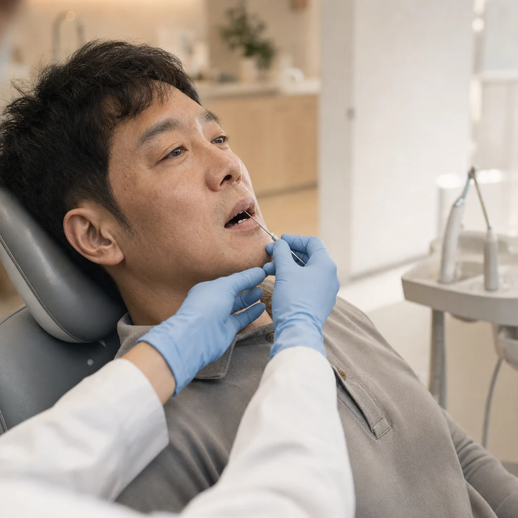 신경치료 중 치과 의자에 앉은 환자와 시술하는 의사 손