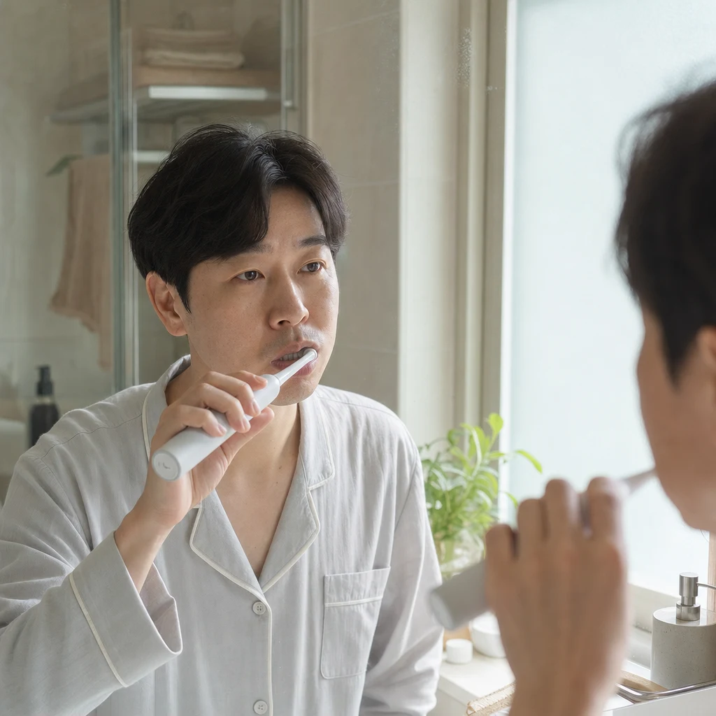 충치 치료 후 집에서 전동칫솔로 꼼꼼히 양치하는 남성
