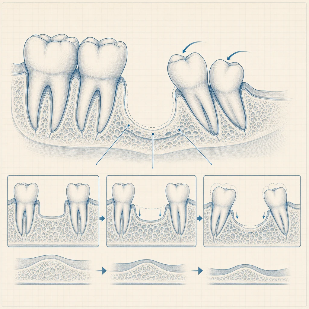 결손치 주변 인접치 기울어짐과 잇몸뼈 흡수 패턴 다이어그램