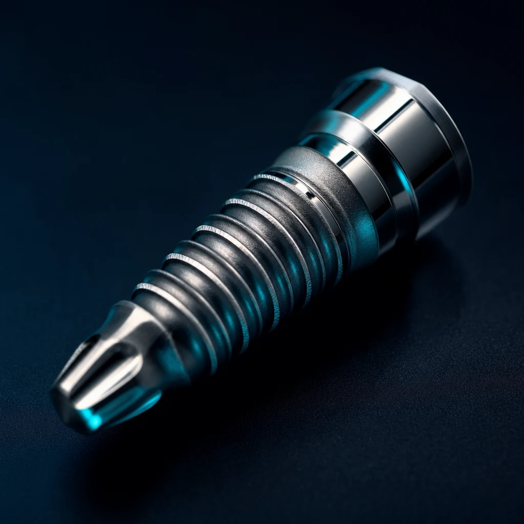 티타늄 임플란트 픽스처 매크로 — 표면 처리와 나사선 디테일