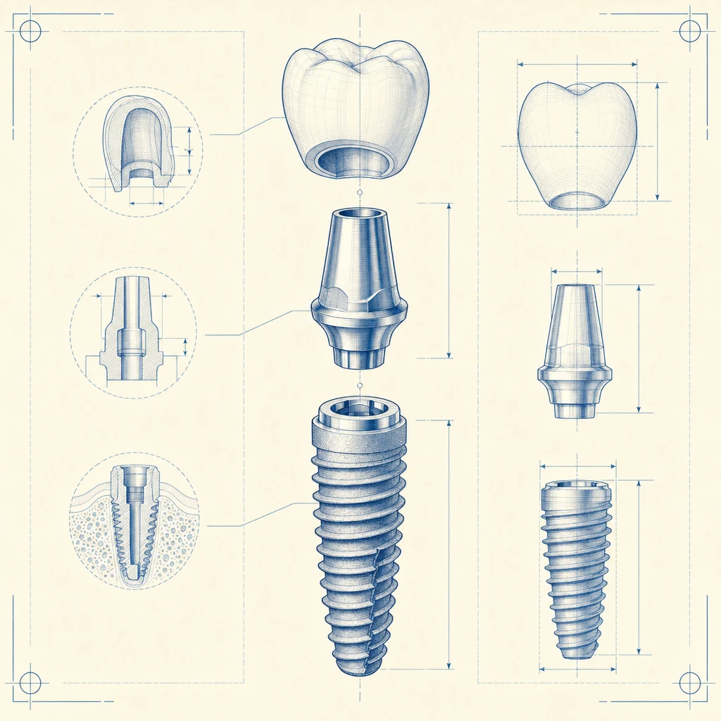 임플란트 구성 분해도 — 픽스처·어버트먼트·크라운