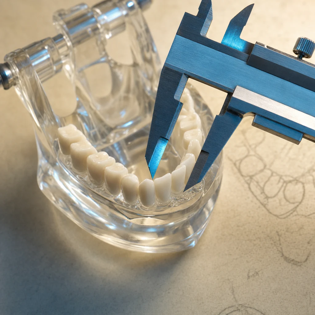 아크릴 치아 모형 — 정밀 캘리퍼로 치관 너비 측정