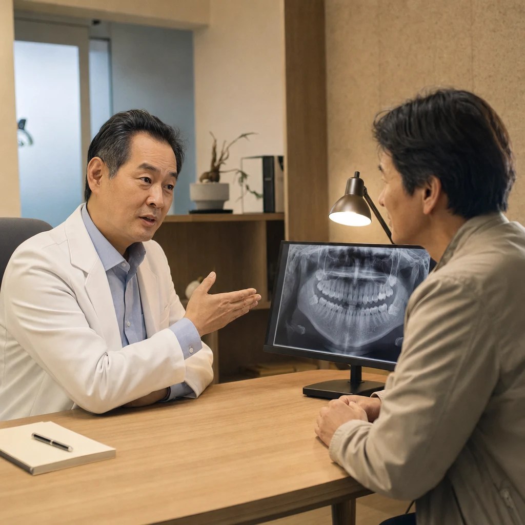 치과의사가 파노라마 X-ray를 보며 크라운 필요성 설명
