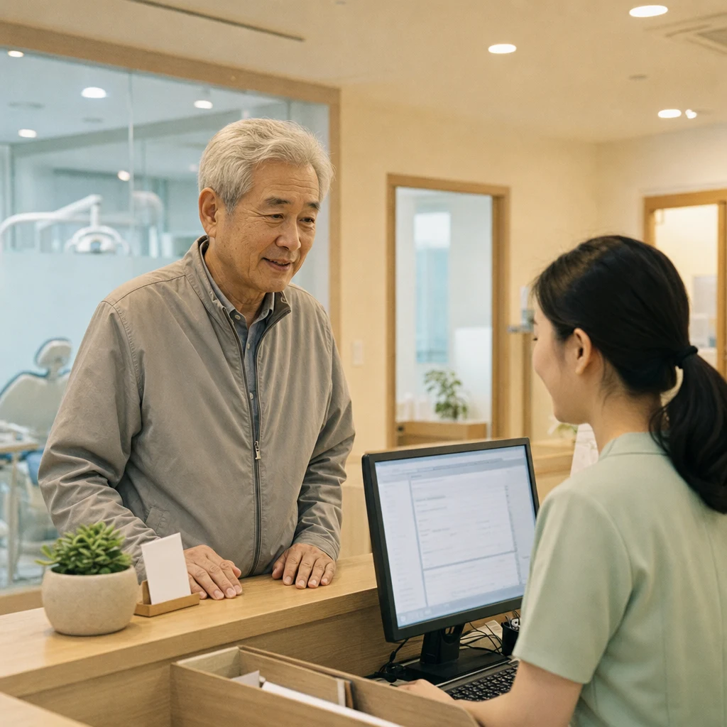 65세 이상 환자가 치과 접수 데스크에서 보험 적용 확인