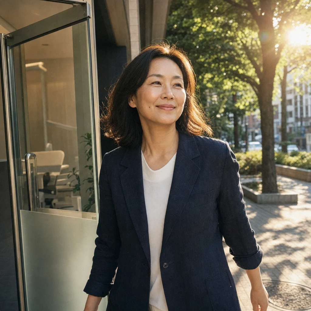 진료 후 밝은 표정으로 치과 문을 나서는 여성 환자