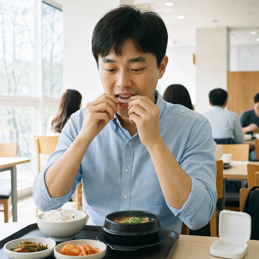 직장인이 점심 식사 전 얼라이너를 빼는 장면