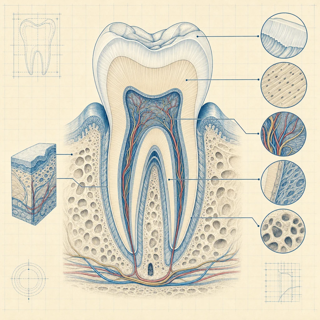 치아 단면도 — 법랑질·상아질·치수 신경 해부 구조