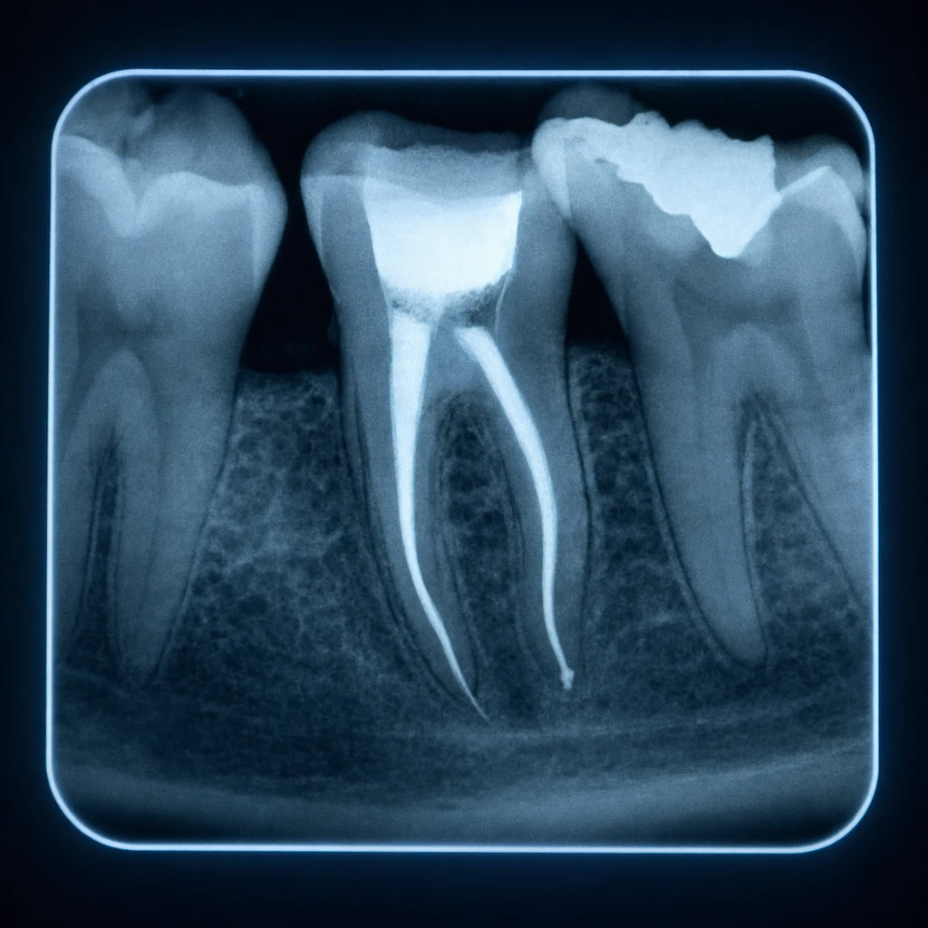 근관 충전 X-ray — 거타퍼차로 치근관이 빈틈없이 채워진 모습