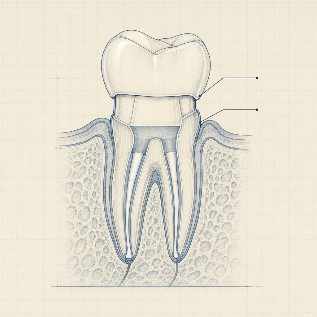 신경치료 후 크라운 보호 — 치관 절삭과 보철 마진 단면도