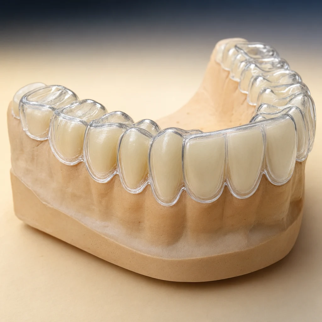 개인 맞춤 미백 트레이 — 치아 모형에 정밀 피팅된 투명 트레이