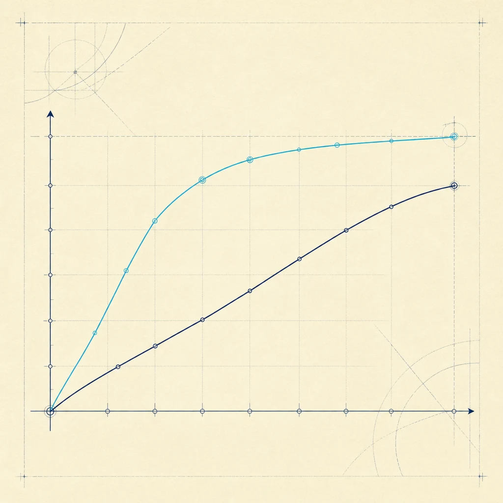 미백 효과 곡선 — 오피스 단기 급상승 vs 홈 점진적 누적